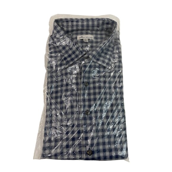 Peter Millar Mens Blue & Gray Checkered Button-Up Shirt Size XL - Picture 4 of 10